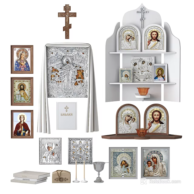 Christian Religious Icons and Altar Decorations with Cross and Icon Shelves 3d model 