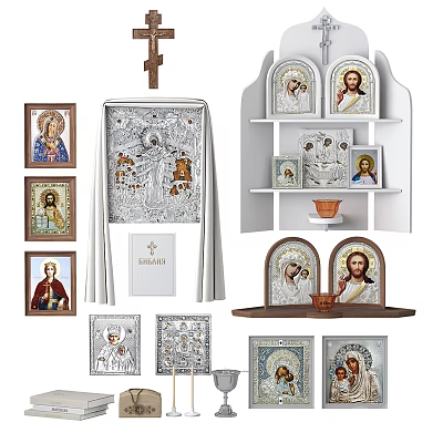 Christian Religious Icons and Altar Decorations with Cross and Icon Shelves 3d model