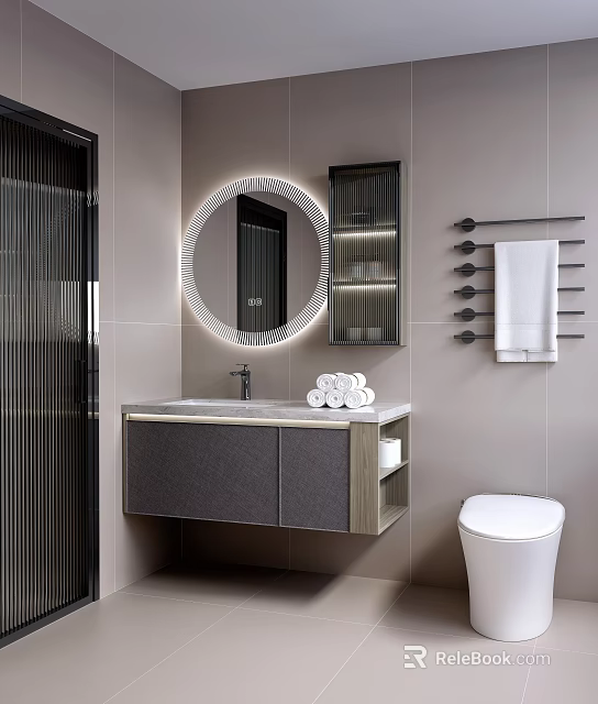 Modern Bathroom Vanity With Round Backlit Mirror Gray Cabinet And Rolled Towels 3d model 