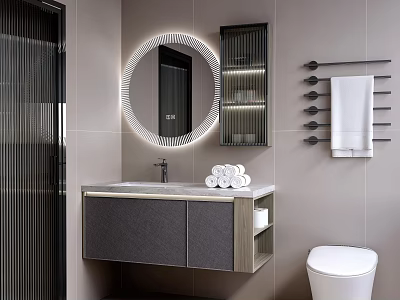 Modern Bathroom Vanity With Round Backlit Mirror Gray Cabinet And Rolled Towels 3d model