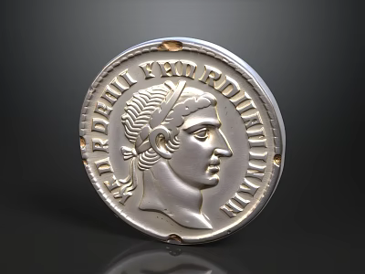 Silver Ancient Coin Featuring Portrait And Inscription On Black Background 3d model