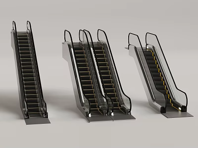 Three Different Angles View Of Modern Escalators With Metal Handrails And Yellow Steps 3d model