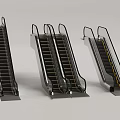 Three Different Angles View Of Modern Escalators With Metal Handrails And Yellow Steps