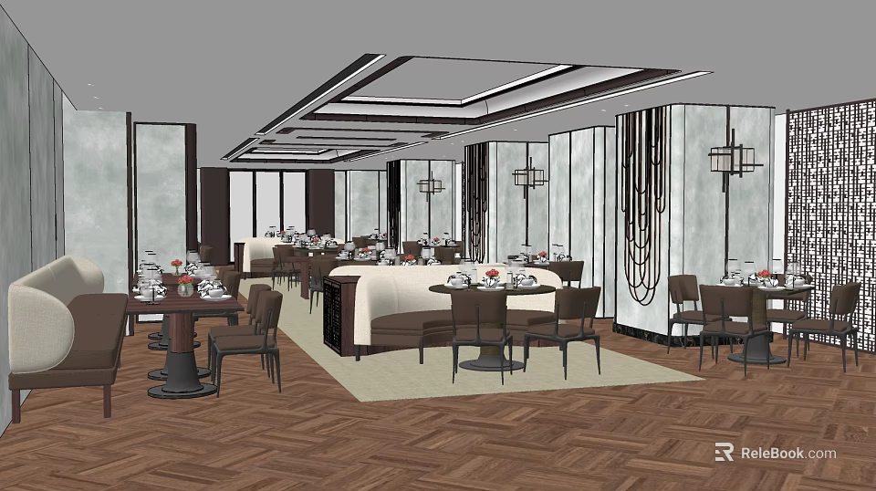 Modern Chinese Restaurant Interior With Round Dining Tables Hanging Lanterns And Decorative Screens 3d model 