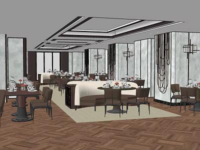 Modern Chinese Restaurant Interior With Round Dining Tables Hanging Lanterns And Decorative Screens 3d model