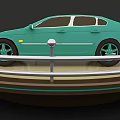 Light Green Sedan Showcased on Circular Display Platform With Metal Railings
