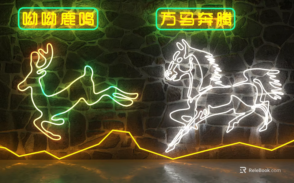 Creative Decorative Neon Lights With Deer And Horse Shapes On Stone Wall 3d model 
