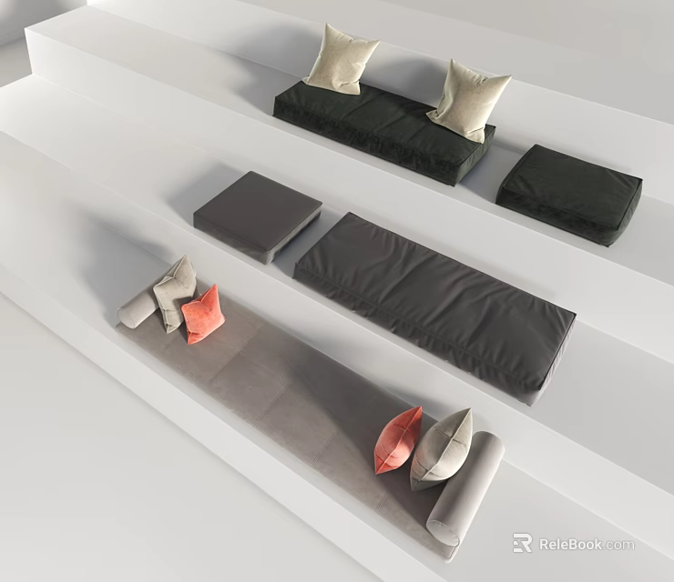 Modern Bay Window Seat Design With Multiple Colored Cushions And Decorative Pillows 3d model 