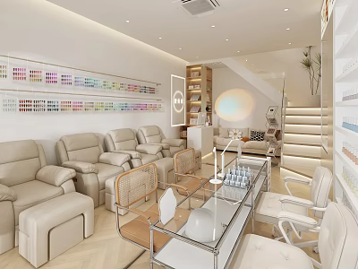 Modern Beauty Salon Interior With Light Sofas Glass Tables Color Palettes And Product Shelves 3d model