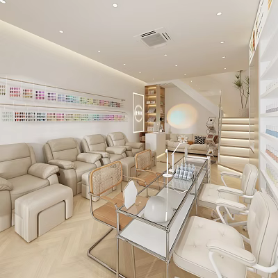 Modern Beauty Salon Interior With Light Sofas Glass Tables Color Palettes And Product Shelves 3d model