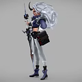 Woman With Silver Hair And Horns In Blue White Outfit Holding Spear With Blue Gem