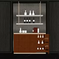 Modern Wooden Wine Cabinet With Geometric Design Upper Shelves Wine Bottles And Decorative Items
