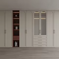 Modern Light Colored Wardrobe With Glass Doors Dark Accent Open Shelves Drawers And Gold Handles
