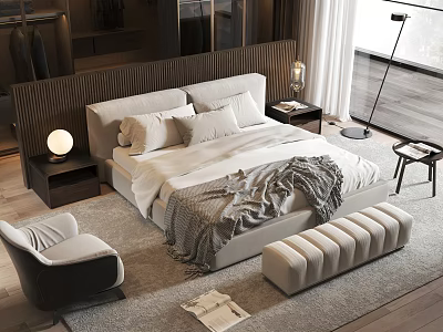 Modern Double Bed With Wooden Headboard White Linens Gray Blanket Nightstand Lamp And Natural Light 3d model