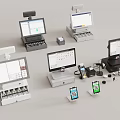 Modern Commercial Equipment Including Multiple POS Cash Registers Screens Stands and Accessories