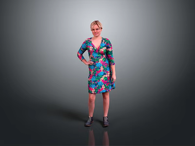 Woman in Colorful Floral Dress Standing with One Hand on Hip Against Gray Background 3d model