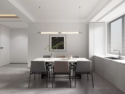 Modern Restaurant Interior With White Dining Table Gray Chairs Black Framed Painting And Pendant Lights 3d model