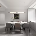 Modern Restaurant Interior With White Dining Table Gray Chairs Black Framed Painting And Pendant Lights