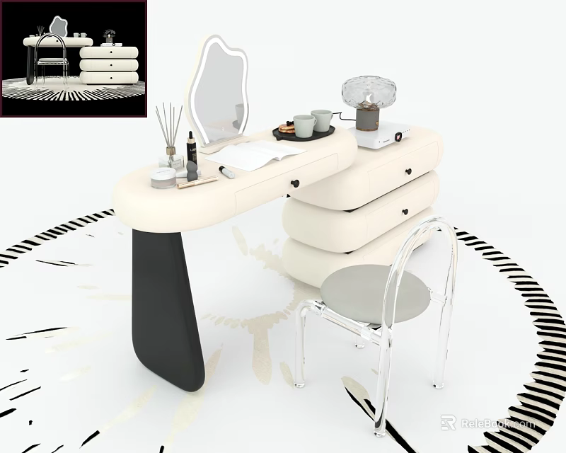 Modern White And Black Dressing Table With Mirror Table Lamp Cosmetics And Transparent Chair 3d model 