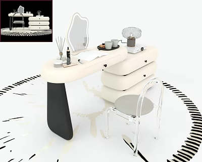 Modern White And Black Dressing Table With Mirror Table Lamp Cosmetics And Transparent Chair 3d model