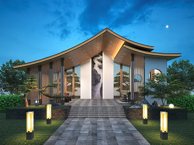 Modern Garden Courtyard With Stone Steps Green Plants Night Sky And Lighting Lamps 3d model