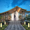 Modern Garden Courtyard With Stone Steps Green Plants Night Sky And Lighting Lamps