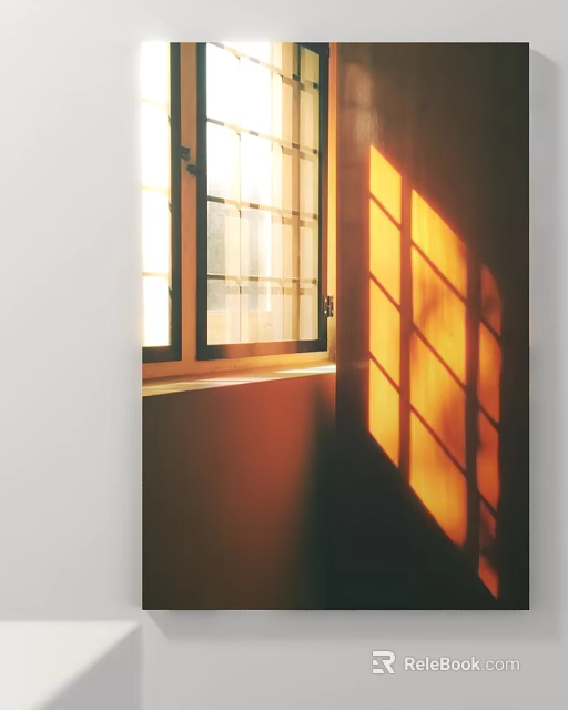 Warm Sunlight Through Wooden Window Casting Grid Light Shadows On Interior Wall 3d model 