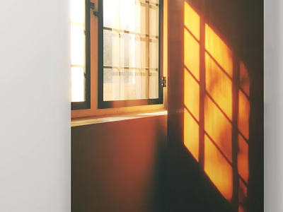 Warm Sunlight Through Wooden Window Casting Grid Light Shadows On Interior Wall 3d model