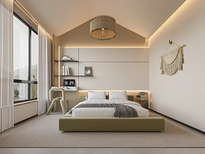 Cozy Modern Bedroom Interior With Green Bed White Bedding Gray Blanket And Macramé Wall Decor 3d model