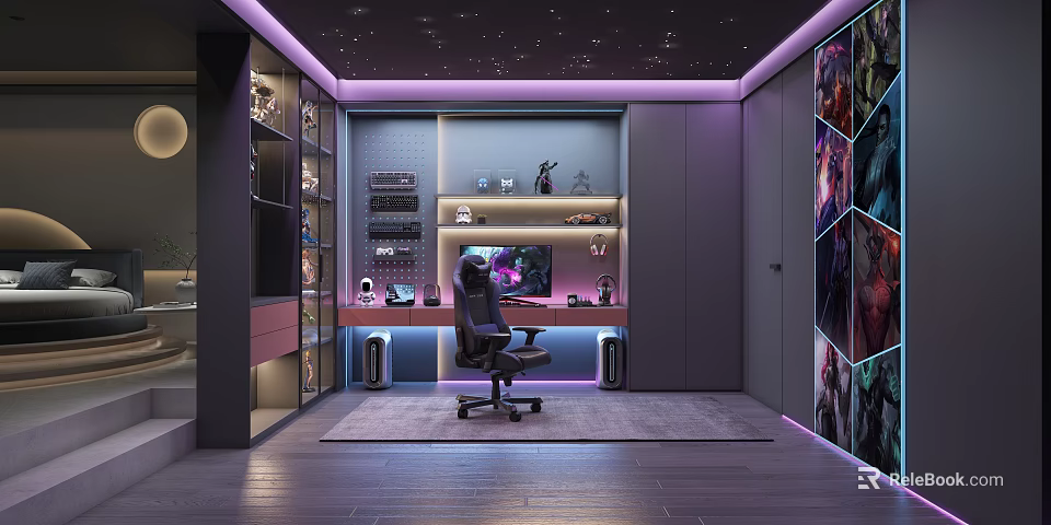 Stylish Modern Gaming Room With Purple Lighting Starry Ceiling Gaming Chair Computer Shelves 3d model 