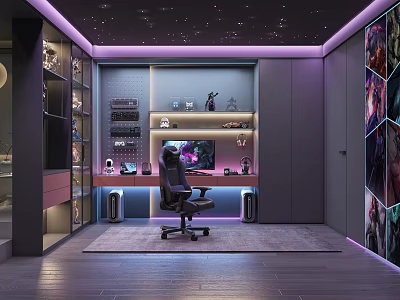 Stylish Modern Gaming Room With Purple Lighting Starry Ceiling Gaming Chair Computer Shelves 3d model