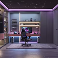 Stylish Modern Gaming Room With Purple Lighting Starry Ceiling Gaming Chair Computer Shelves