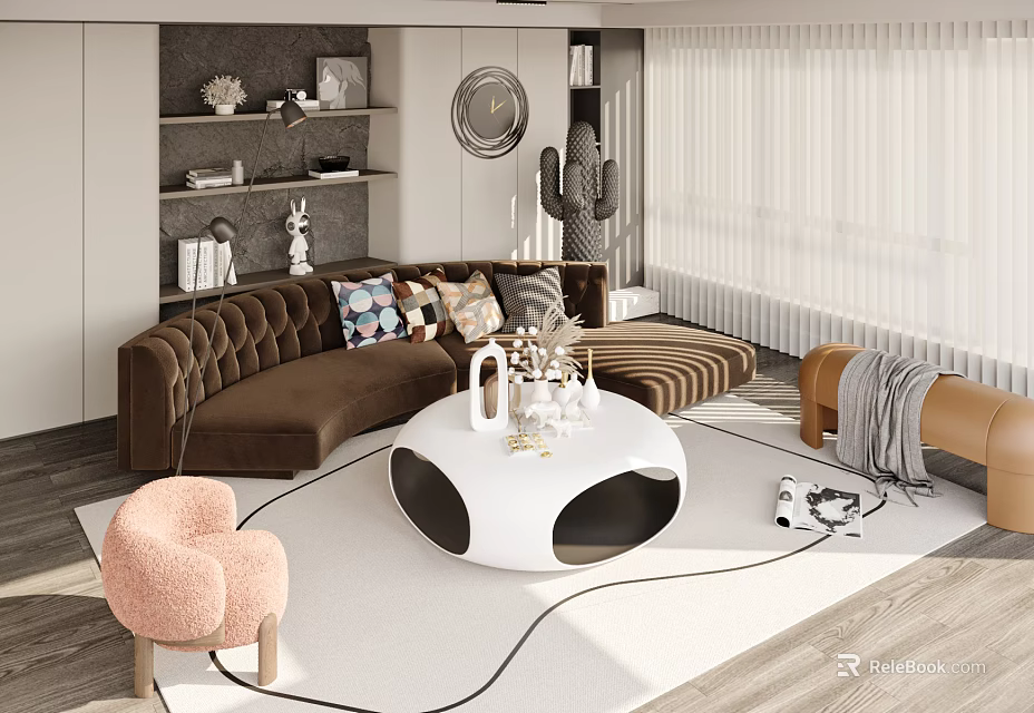 Modern Tufted Sofa and Round Coffee Table Set with Plush Cushions in Cozy Living Room 3d model 
