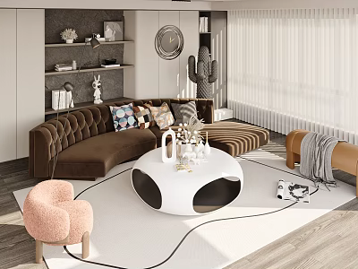 Modern Tufted Sofa and Round Coffee Table Set with Plush Cushions in Cozy Living Room 3d model