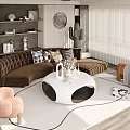 Modern Tufted Sofa and Round Coffee Table Set with Plush Cushions in Cozy Living Room