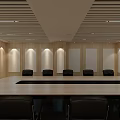 Modern Conference Room Interior with Long Table Black Chairs Wooden Walls and Linear Lights