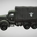 Vintage Dark Green Military Truck with Canvas Covered Cargo Bed Six Wheels and Side Emblem