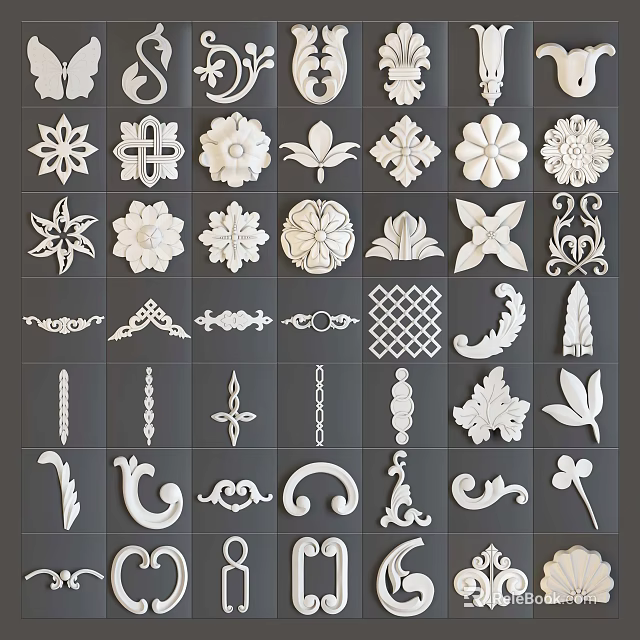 Collection Of Various Decorative Carvings Featuring Floral And Geometric Ornamental Patterns 3d model 