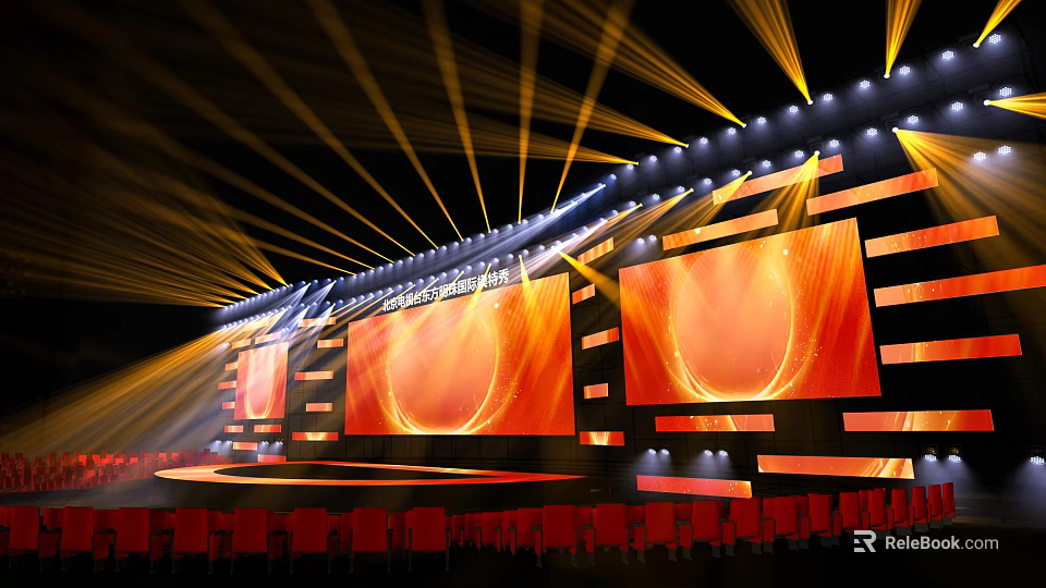 Spectacular Stage Design With Golden Lights Red Seats And Screens 3d model 