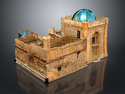 Traditional Architectural Model With Earth Toned Walls Blue Dome Arched Doors And Multi Level Structure 3d model