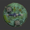 3D Robot Figure On Round Mossy Base With Metallic Mechanical Parts