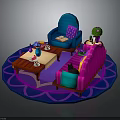 Cozy Living Room Interior With Pink Sofa Blue Chair Coffee Table And Purple Rug