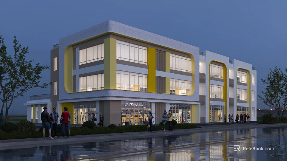 Modern School Building With Yellow And White Exterior Large Windows And People Outside 3d model 