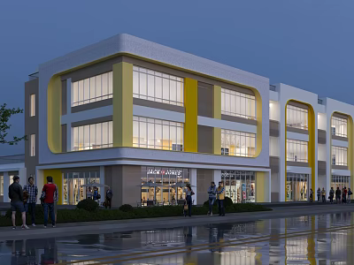 Modern School Building With Yellow And White Exterior Large Windows And People Outside 3d model
