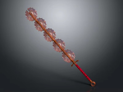 Traditional Ornate Weapon with Red Wrapped Handle Crystal Lotus Shaped Blades and Elegant Decorative Design 3d model