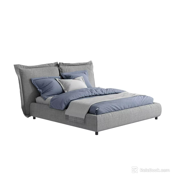 Modern Double Bed With Gray Headboard And Blue Gray Bedding Set 3d model