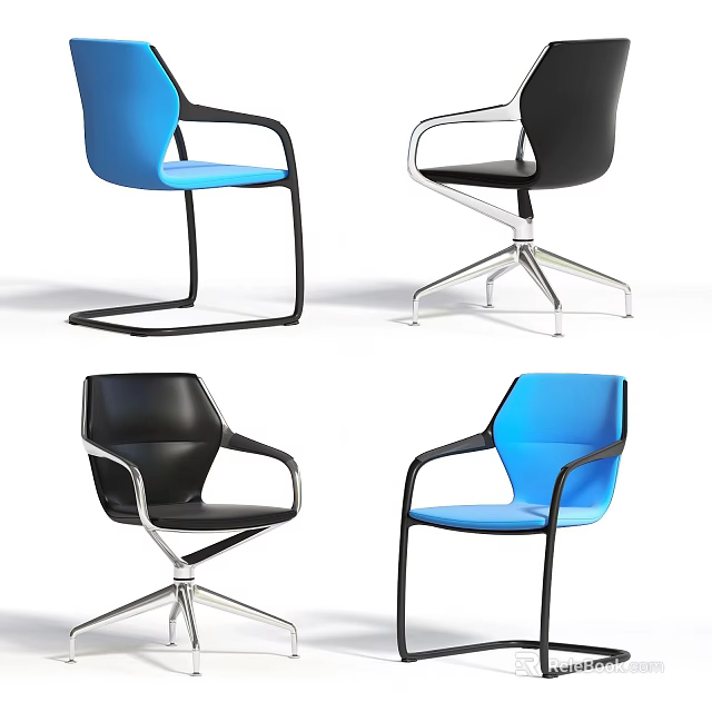 Stylish Modern Office Chairs With Blue And Black Ergonomic Armrests And Metal Base 3d model 