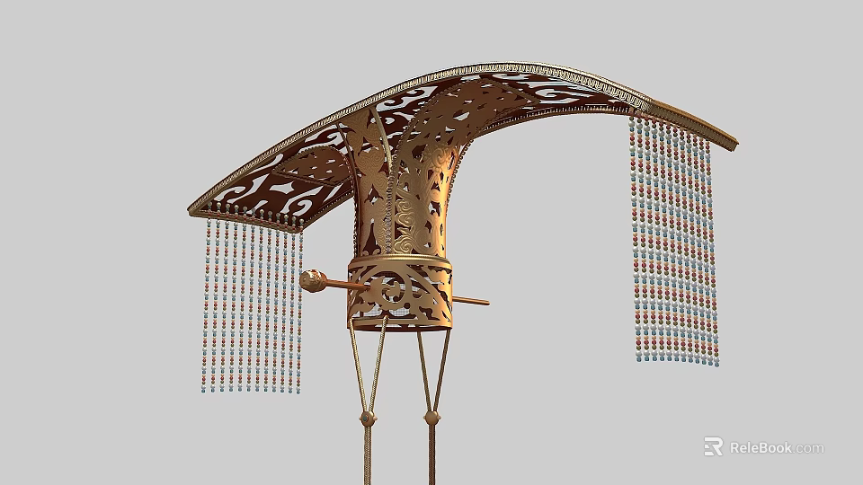 Golden Intricate Carved Hat With Curved Top And Hanging Colorful Tassels 3d model 