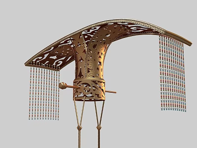 Golden Intricate Carved Hat With Curved Top And Hanging Colorful Tassels 3d model