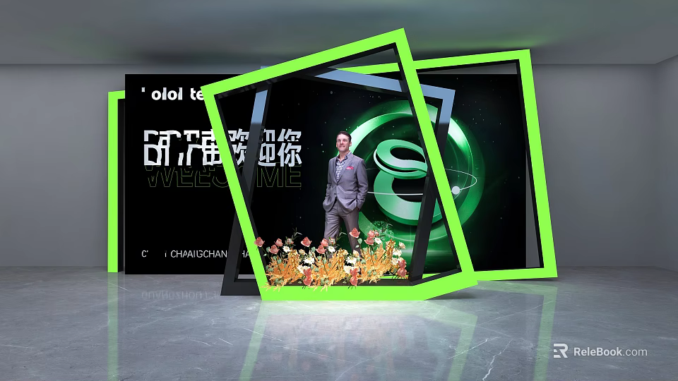 Modern Photo Check In Spot With Green Frame Man In Suit And Flower Decor 3d model 